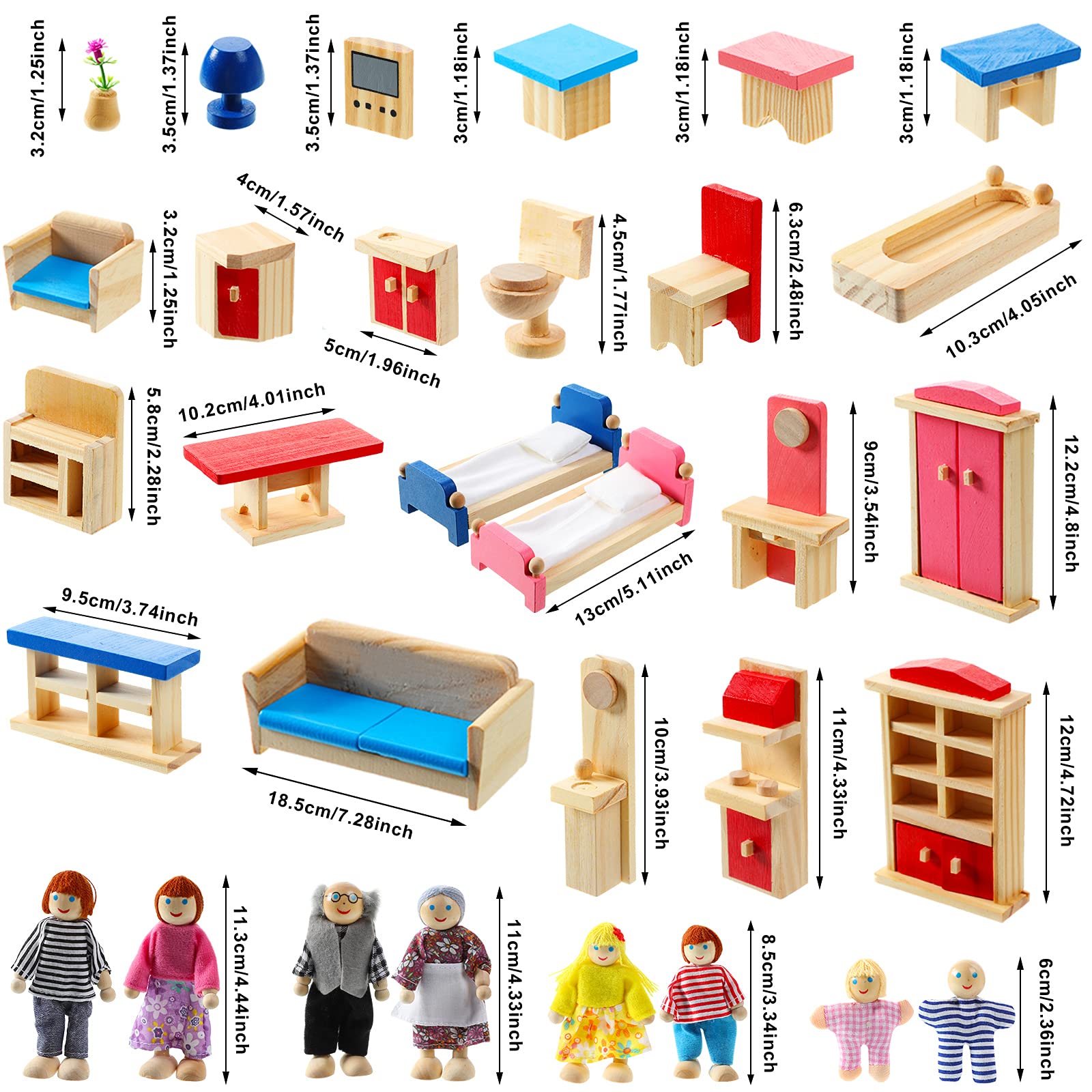 Wooden Dollhouse Furniture Doll House Furnishings with 8 Pieces Winning Doll Family Set, Dollhouse Accessories for Boys Girls Miniature Dollhouse, Family Figures Imaginative Play Toy (Classic Style)