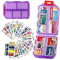 Pill Organizer with Medicine Labels Travel Daily Pill Container Mini Medication Organizer Storage Pill Organizer Pill Case 7 Day Pill Organizer(Purple, 146 Lables)