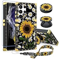 Designed for Samsung Galaxy S23 Ultra Square Case Sunflower with Screen Protector Lanyard Strap Ring Holder Kickstand for Women Girls Flower Daisy with Stand Bumpers for Galaxy S23 Ultra 6.8