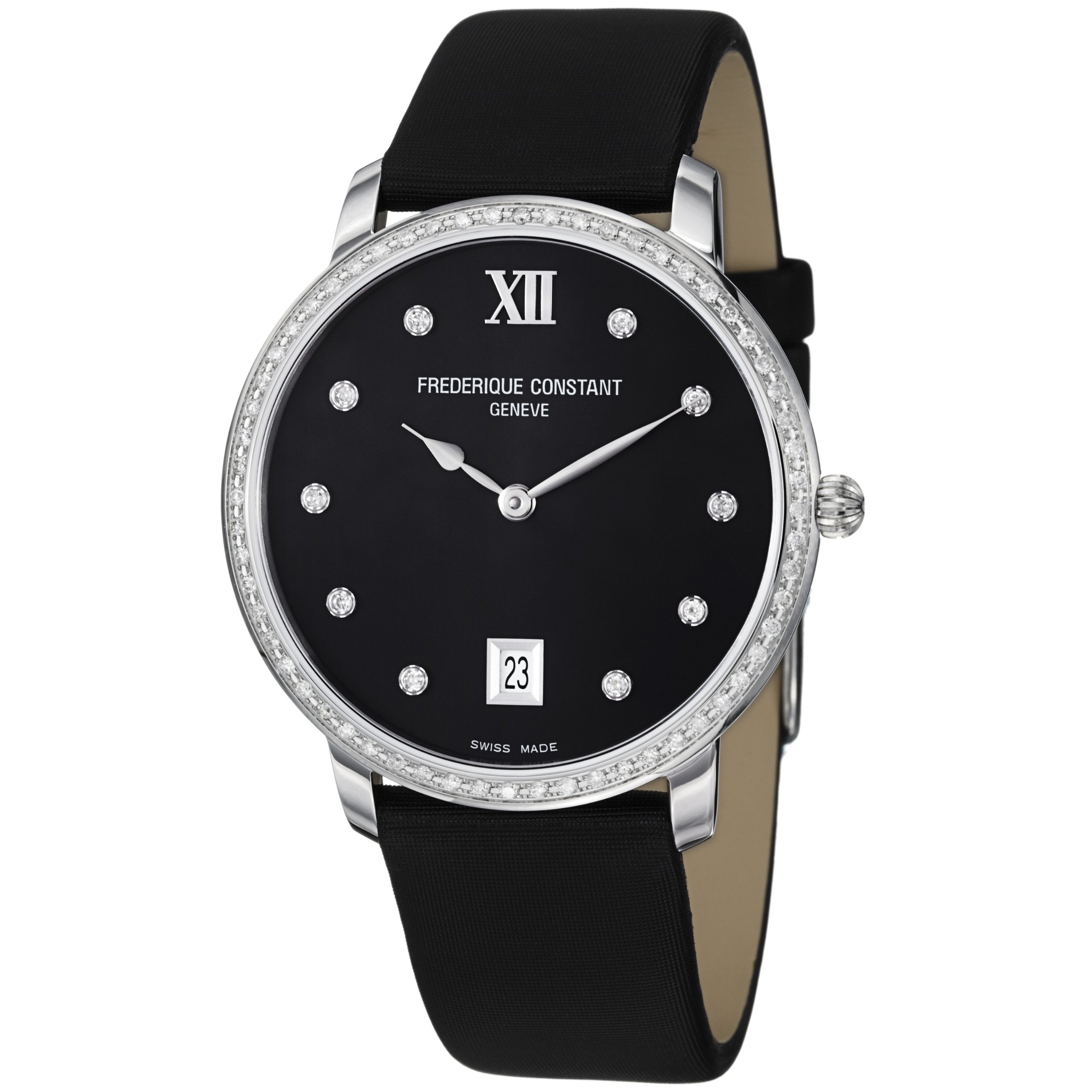 Frederique Constant Women's FC-220B4SD36 Slim Line Black Satin on Leather Strap Watch