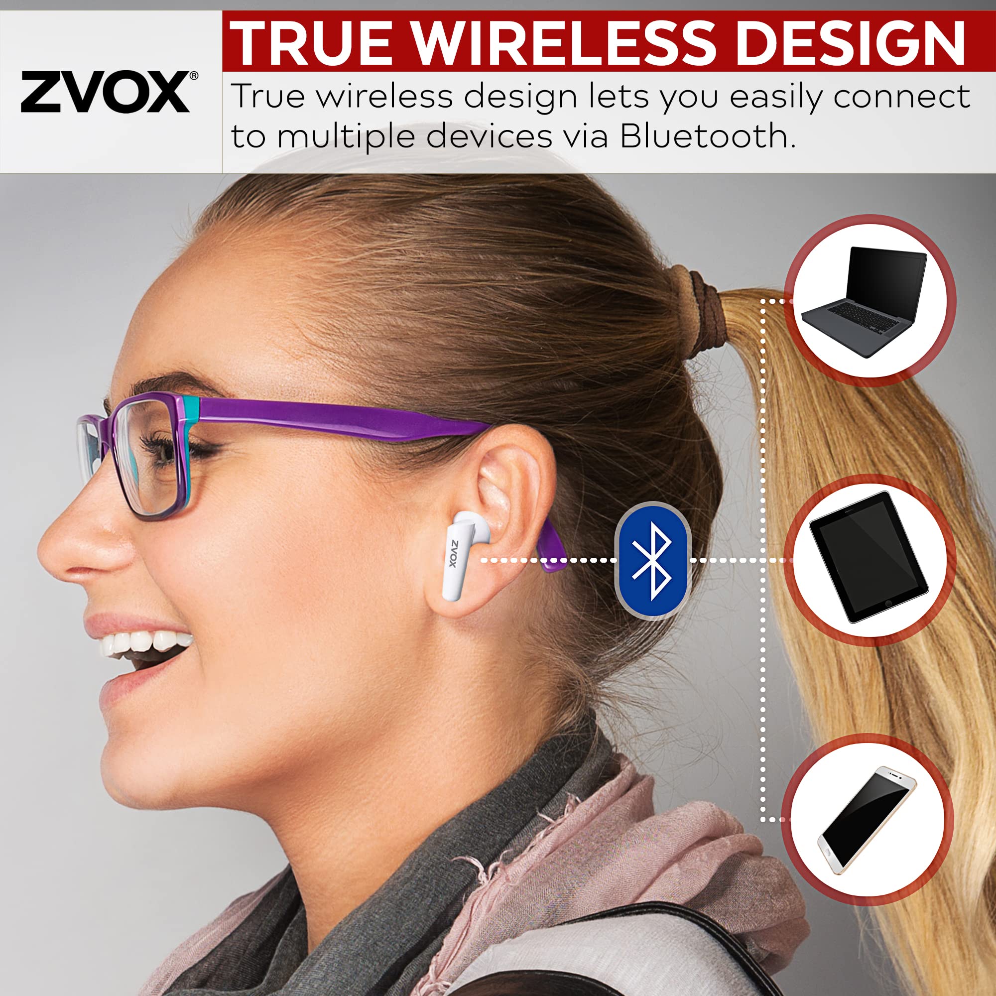 ZVOX True Wireless Earbuds with AccuVoice Technology - Voice-Clarifying, Noise-Canceling Bluetooth Wireless Headphones, AV30 Connect to Multiple Devices, Earbuds Wireless Bluetooth - White