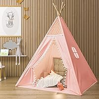 Gamenote Teepee Tent for Kids Indoor Tents with Mat, Inner Pocket, Unique Reinforcement Part - Foldable Kids Play Tent Canvas Tipi Childrens Tents for Girls & Boys (Pink)