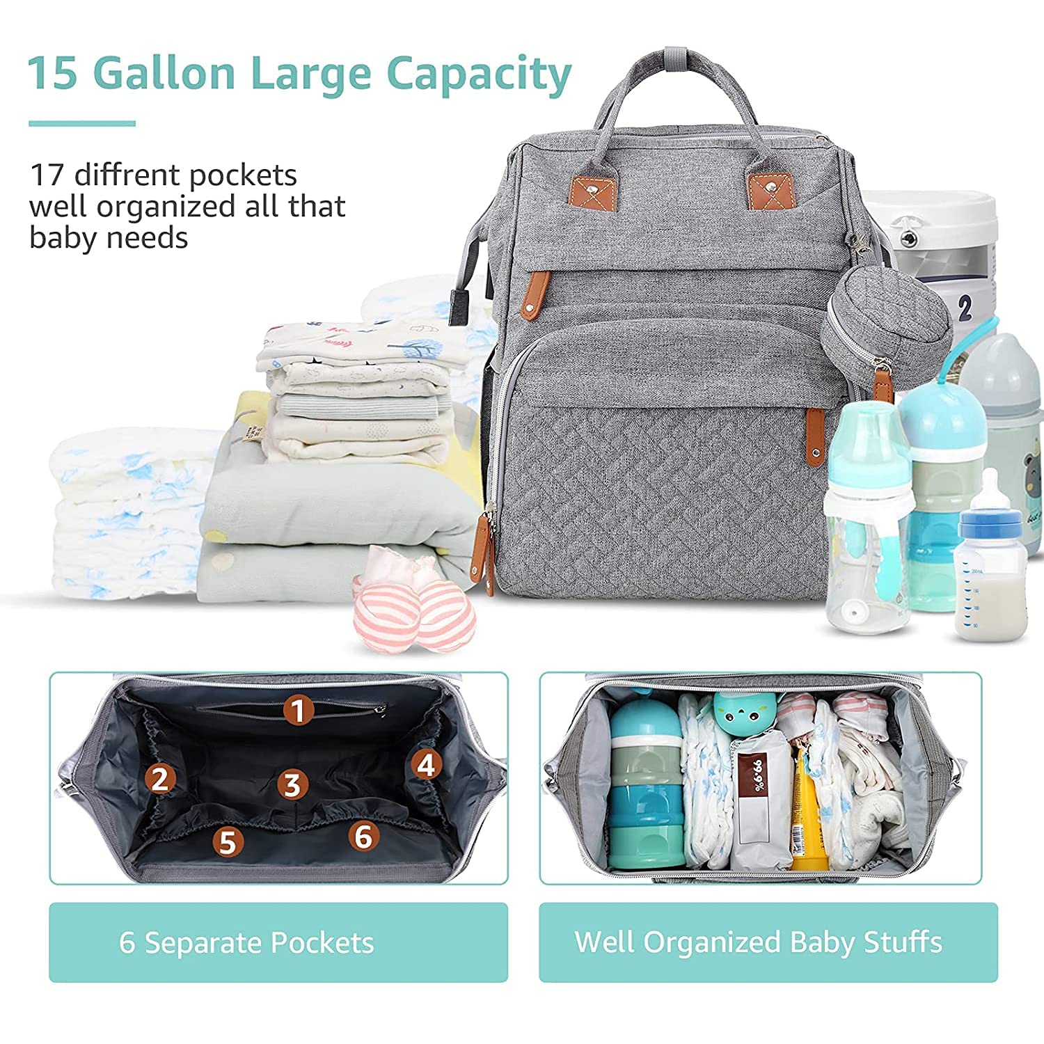 DERSTUEWE Diaper Bag Backpack，Baby Diaper Bags, Baby Shower Gifts, Multifunctional diaper backpack Large Capacity, (Heather Grey)