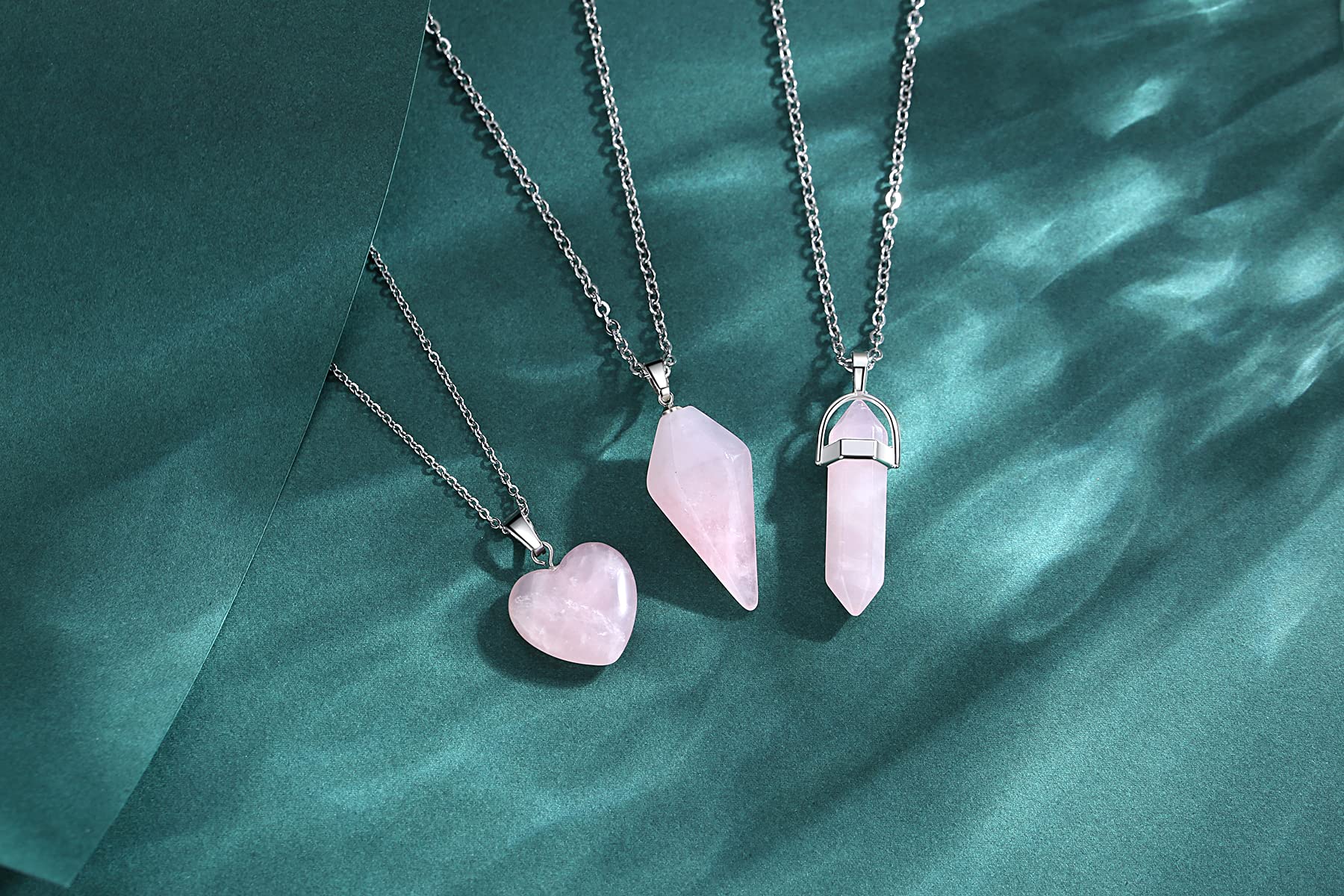 QINJIEJIE Healing Crystal Necklaces Set for Women Necklaces Rose Crystals Quartz Stone Pendant Jewelry Natural Pink Gemstone Heart Hexagonal Column Cone Spiritual Reiki Energy Witchcraft 3 Pcs