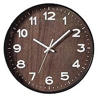 Decorative Modern Round Wood- Looking Plastic Wall Clock for Living Room, Kitchen, or Dining Room, Brown