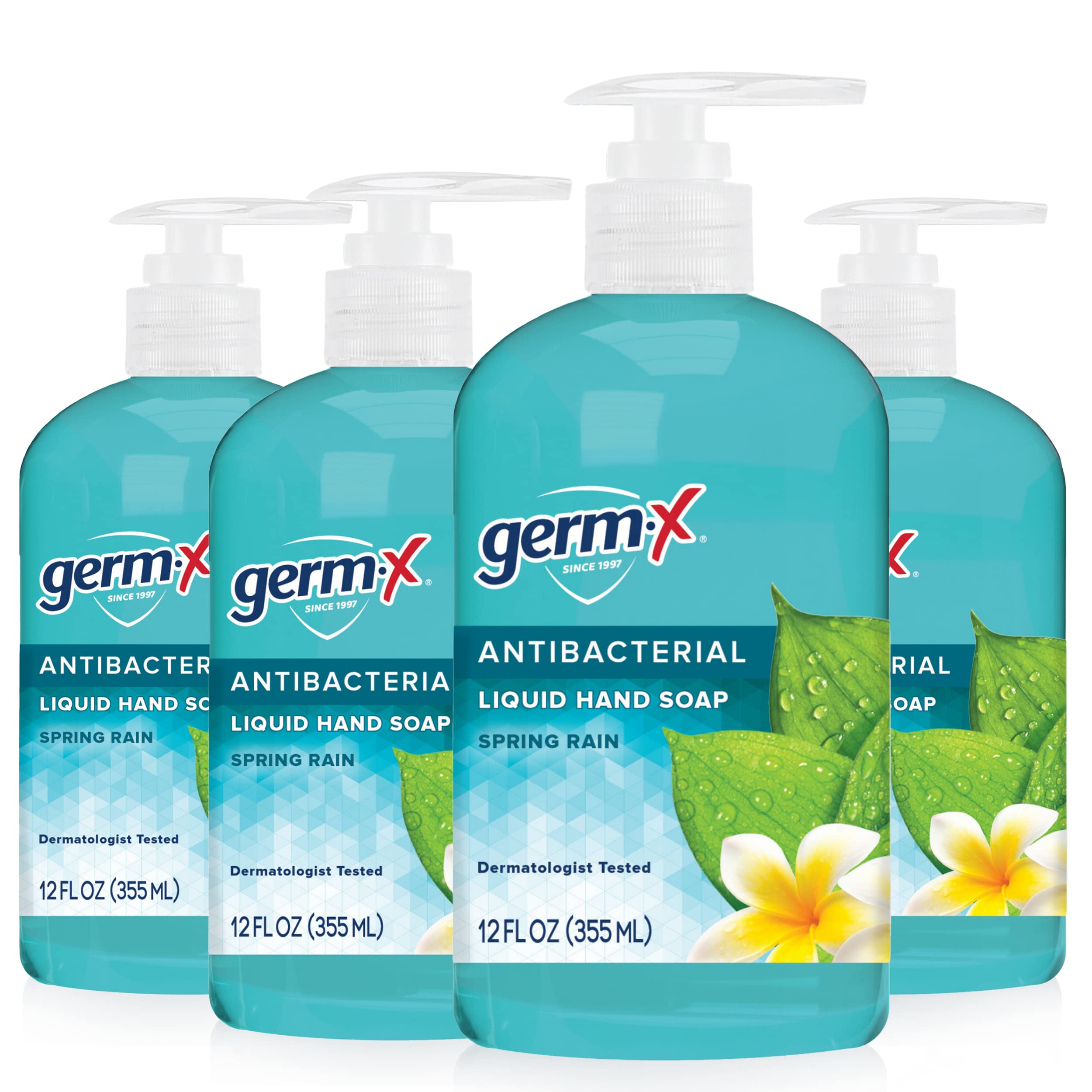 Germ-X Antibacterial Hand Soap, Moisturizing Liquid Hand Wash for Kitchen or Bathroom, pH Balanced & Dermatologist Tested, Back to School Supplies, Spring Rain, 12 oz Pump Bottle (Pack of 4)