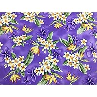 Tropical Hawaiian Plumeria and Bird of Paradise Print Fabric in Purple Background 100% Cotton Sold by The Yard
