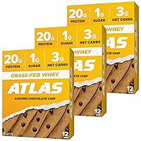 Atlas Protein Bar, 20g Protein, 1g Sugar, Clean Ingredients, Gluten Free (Almond Chocolate Chip, 12 Count (Pack of 3))