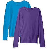Clementine Apparel Girls 2 Pack Long Sleeve T Shirts Easy Tag Comfort Crew Neck Soft Cotton Blend Undershirts (3711)