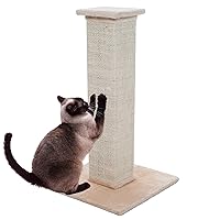 Cat Scratching Post with Carpeted Base - 27.75-Inch Sisal Burlap Fabric Scratcher - Furniture Scratching Deterrent for Indoor Cats by PETMAKER (Beige)