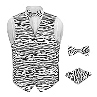 Men's Dress Vest ZEBRA Animal Pattern Design with Black Background. Animal Zoo Striped Mens Bow Tie and Hanky Set