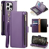 Antsturdy Compatible with iPhone 15 Pro Max Wallet Case,【RFID Blocking】 PU Leather Phone Case Women Men with Card Holder Flip Cover Wrist Strap Zipper Credit Card Slots for Apple 15 Pro Max,Purple