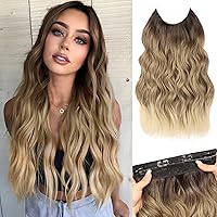 MORICA Invisible Wire Hair Extensions - 20 Inch Ombre Blonde Long Wavy Synthetic Hairpiece with Transparent Wire Adjustable Size, 4 Secure Clips for Women