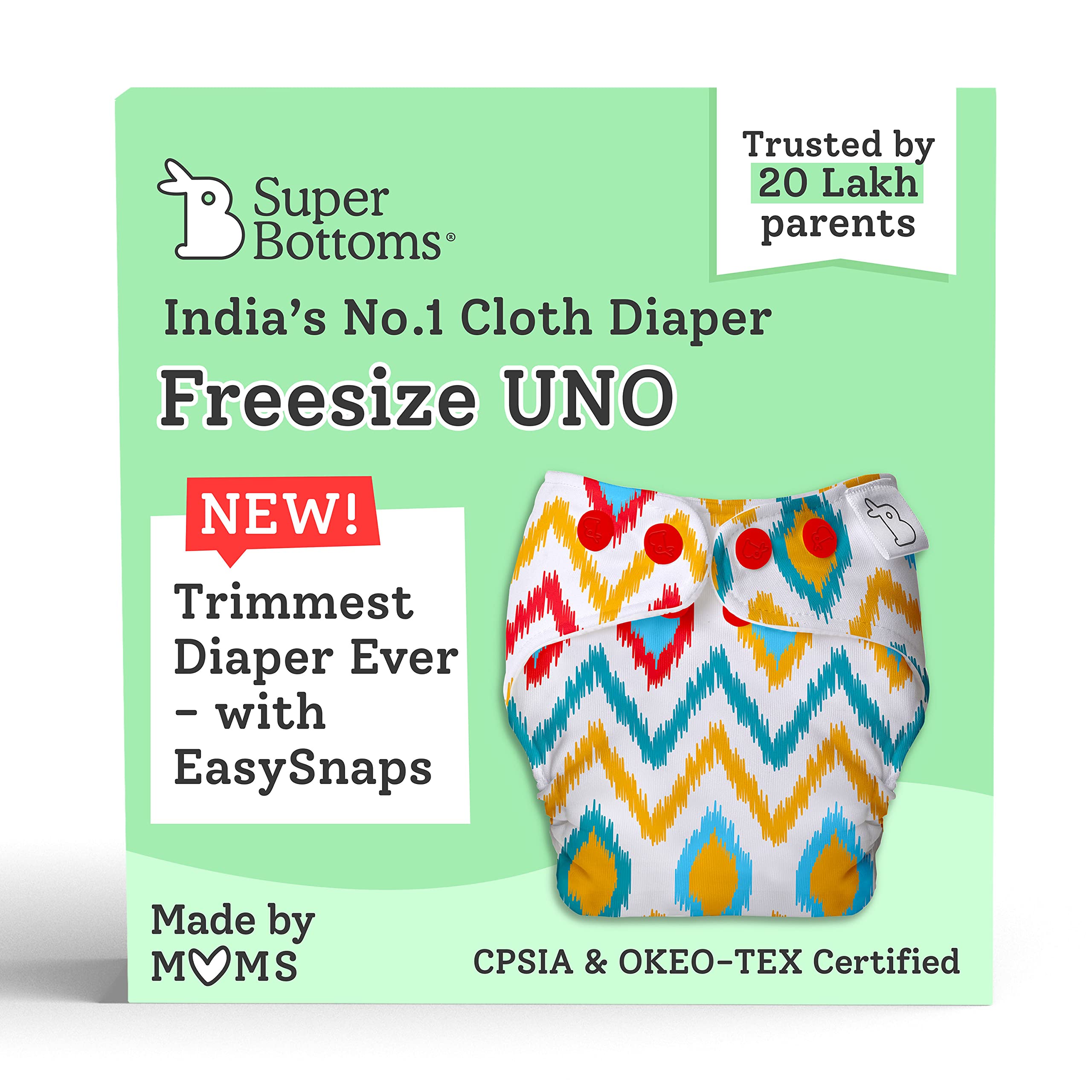 SuperBottoms New UNO Freesize Cloth Diaper, Cloth Diaper for Babies 0 to 3 Years, Washable & Reusable Cloth Diaper, Comes with Cloth Diaper Insert, 1 Diaper and 1 Organic Cotton Soaker