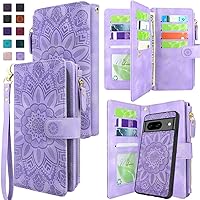 Harryshell Compatible with Google Pixel 8 Case Wallet Detachable Magnetic Cover Leather Case Cover with Cash Coin Zipper Pocket 12 Card Slots Holder Wrist Strap Lanyard (Flower Lavender Purple)
