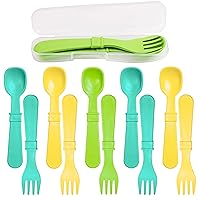 Re-Play Made in USA Toddler Forks and Spoons, Pack of 12 With Carrying Case - 6 Kids Forks with Rounded Tips and 6 Deep Scoop Toddler Spoons - 0.2