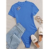 Women's Jumpsuit Mock-Neck Rib-Knit Bodysuit Jumpsuit Decorall (Color : Blue, Size : Large)