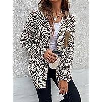BOBONI Women's Jackets Autumn Zebra Striped Patched Pocket Drop Shoulder Drawstring Hooded Coat Lightweight Fashion (Color : Multicolor, Size : X-Large)