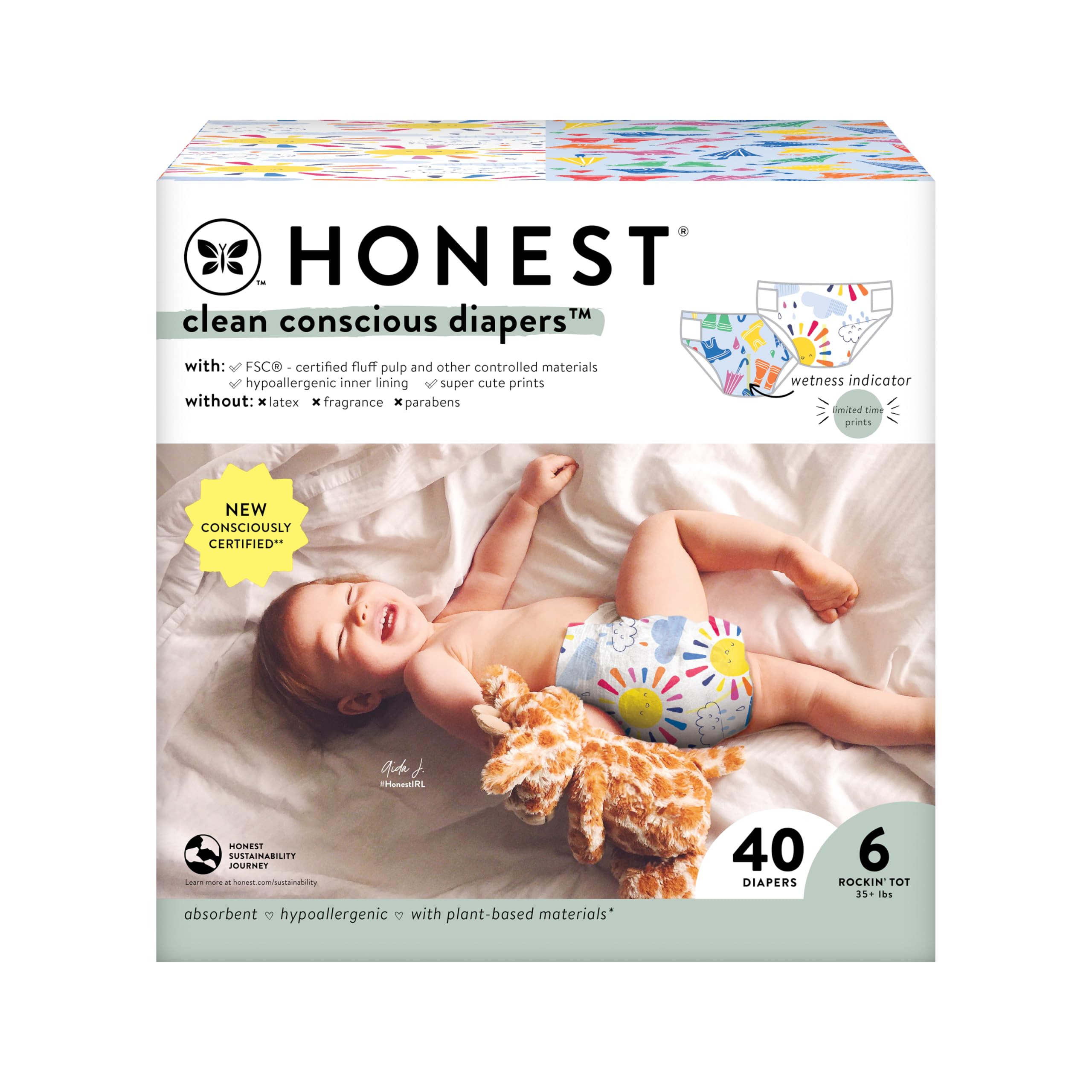 The Honest Company Clean Conscious Diapers | Plant-Based, Sustainable | Limited Edition Prints | Club Box, Size 6 (35+ lbs), 40 Count