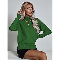Mock Neck Raglan Sleeve Split Hem Sweater (Color : Green, Size : Small)