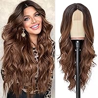 Long Ombre Brown Wavy Wig for Women 26 Inch Middle Part Curly Wavy Wig Natural Looking Synthetic Heat Resistant Fiber Wig for Daily Party Use (Ombre Brown)