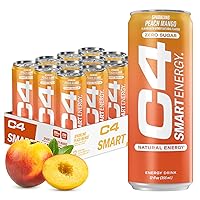 C4 Smart Energy Drink – Boost Focus and Energy with Zero Sugar, Natural Energy, and Nootropics - 200mg Caffeine - Peach Mango (12oz Pack of 12)