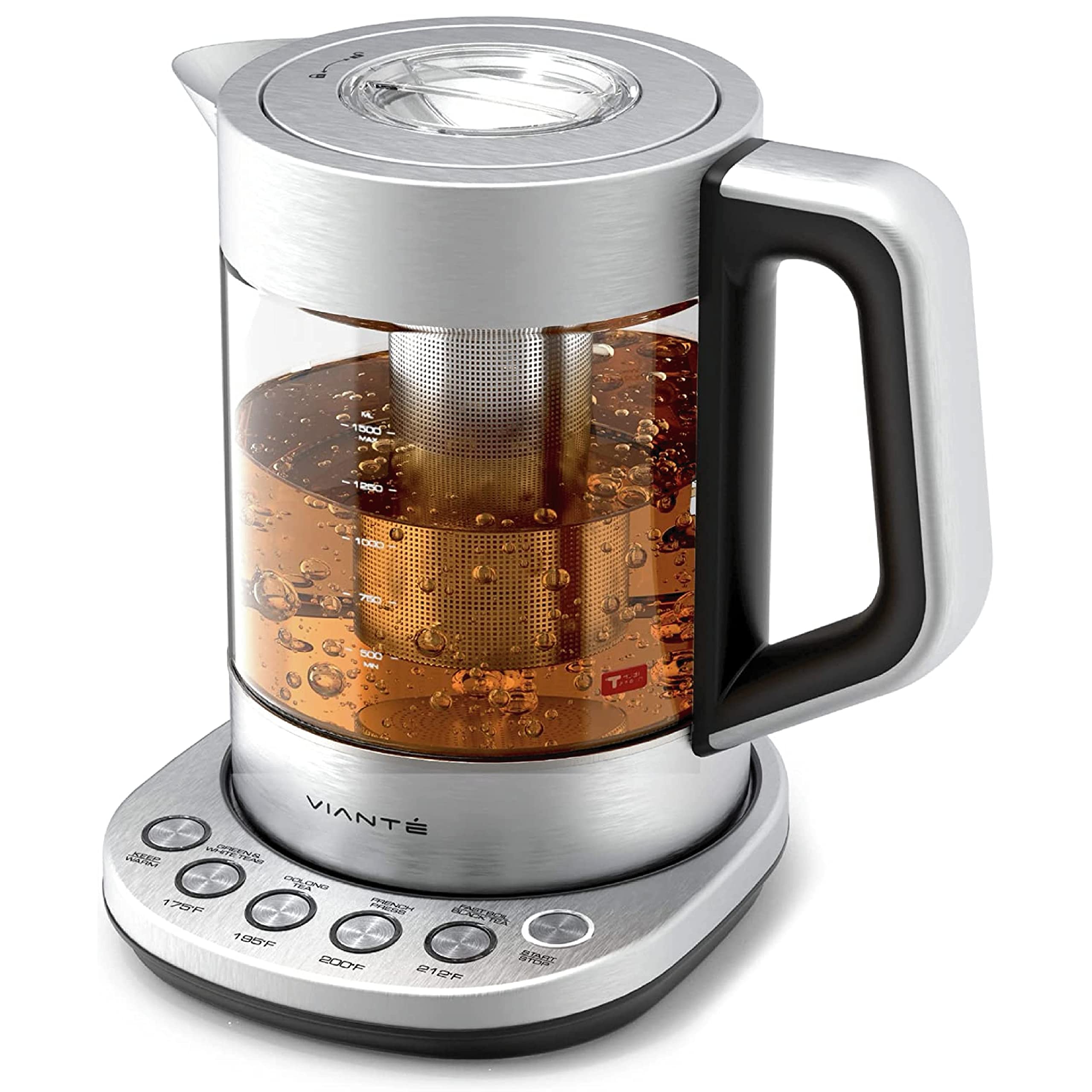 Hot Tea Maker Electric Glass Kettle with tea infuser and temperature control. Automatic Shut off. Brewing Programs for your favorite teas and Coffee.