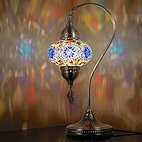 DEMMEX Turkish Moroccan Handmade Colorful Mosaic Gooseneck Table Bedside Lamp Lampshade with Antique Brass Body (Multicolor&Blue)