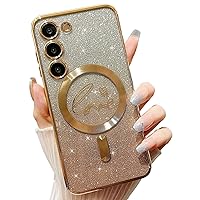 for Samsung Galaxy S23 Case Clear Magnetic Glitter Phone Cases [Compatible with Magsafe],Luxury Love Heart Plating Bling Gradient Sparkle Shockproof Cover for Women Girls,Square/Gold