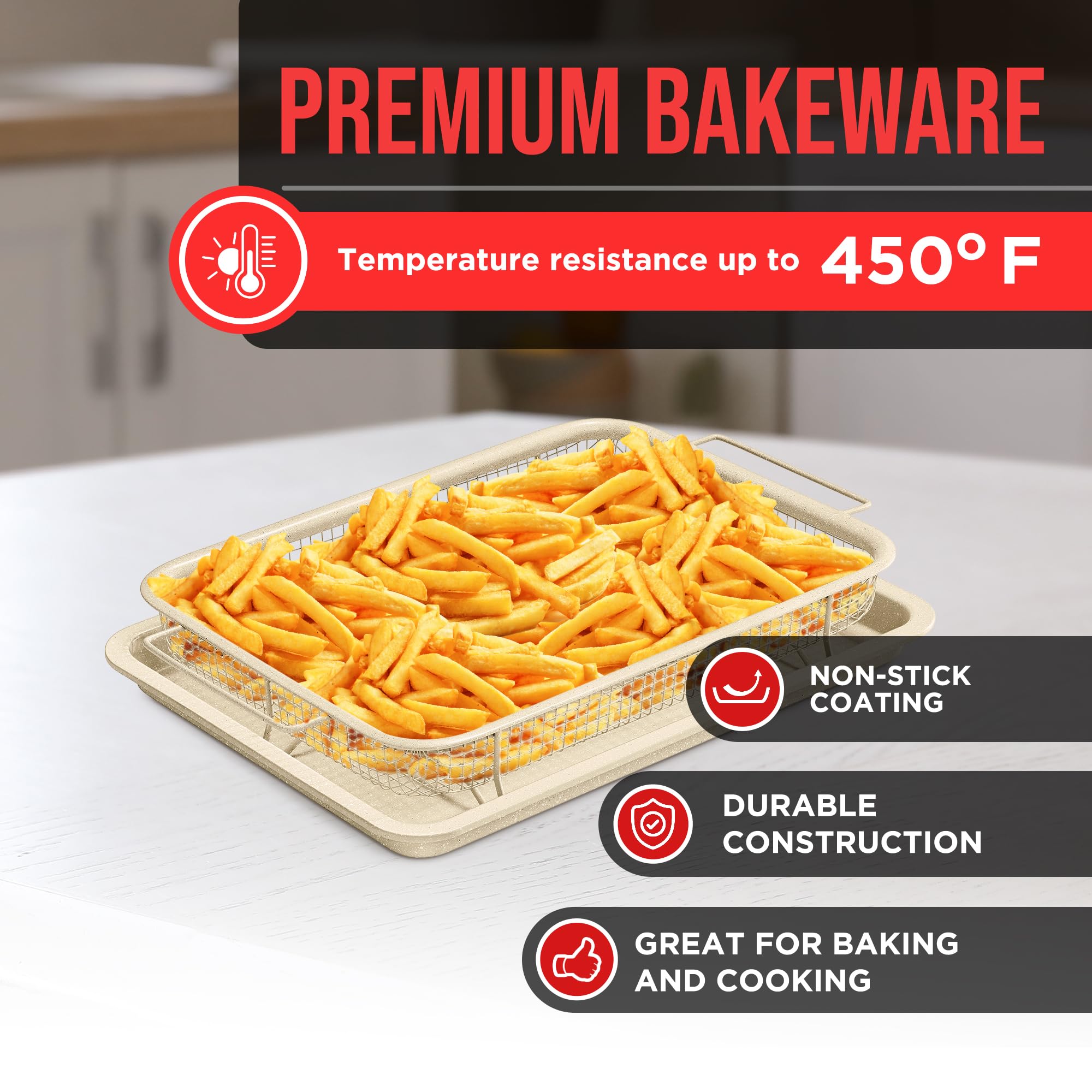 Bakken Swiss Crisper Tray - 2-Piece Set – White Marble, Non-Stick Basket Design for Healthier Cooking in Regular Ovens - Achieve Perfectly Crispy Chips, Bacon and More