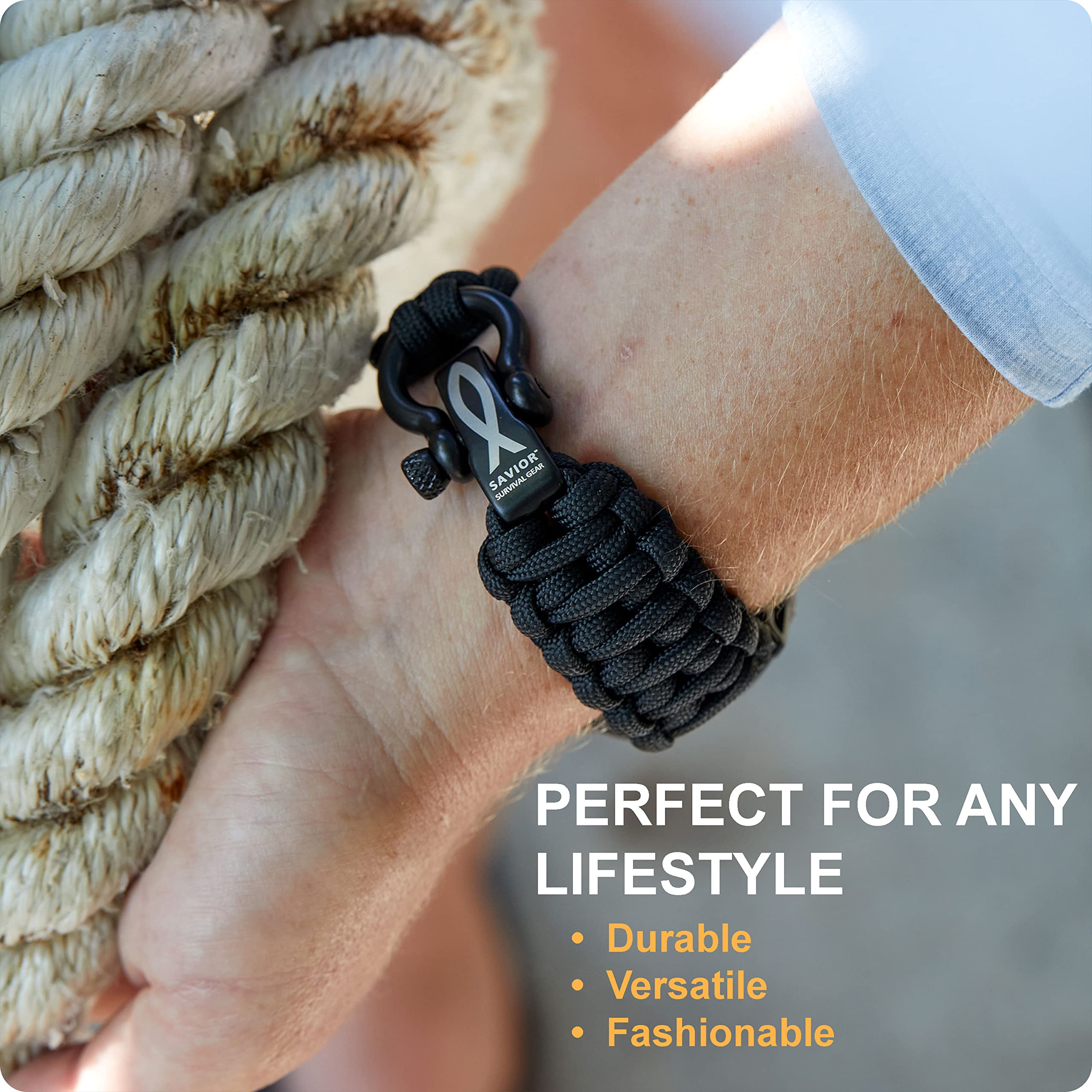 Savior Survival Gear Paracord Watch Band - Compatible with Apple Watch & iWatch Bands Series 42mm 44mm 45mm 49mm, 550 Paracord & Stainless Steel Shackle, Adjustable Straps, Men & Women (Black, Large)