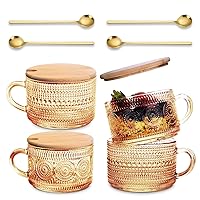 Ollieroo 4pcs Coffee Cups, Vintage Coffee Mugs, Overnight Oats Containers with Lids and Spoons, 14oz Coffee Glasses, Drinkware Set for Iced Coffee,Yogurt,Milk,Tea,Coffee Bar Accessories,Amber