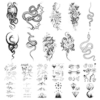 JINYOUS 22 Sheets Realistic Temporary Tattoo, 10 sheets Sexy Snake Fake Tattoos Stickers, Floral Peony Rose Tribal Viper Snake Temporary Tatoos For Women Men Adults Body Art Forearm Arm Leg