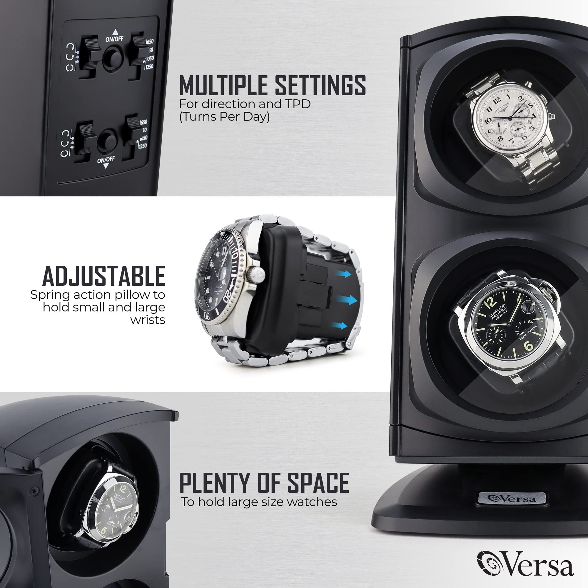 Versa [Newly Upgraded] Automatic Double Watch Winder in Black - New Direct Drive Motor, Independently Controlled Settings, 12 Different Settings, Adjustable Watch Pillows - No Magnets