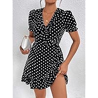 2023 Summer Dresses for Women - Polka Dot Print Puff Sleeve Ruffle Trim Wrap Knot Side Dress