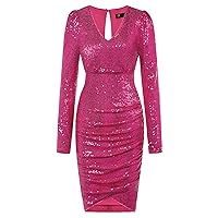 KANCY KOLE Women Sequin Party Dress V Neck Puff Long Sleeve Ruched Bodycon Glitter Dress for Women Sexy