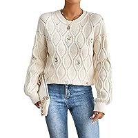 WDIRARA Women's Floral Embroidery Drop Shoulder Sweater Stretch Round Neck Long Sleeve Casual Pullover Tops