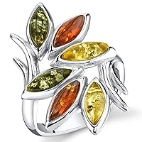 PEORA Genuine Multicolor Baltic Amber Leaf Branch Ring for Women 925 Sterling Silver, Rich Cognac, Olive Green, Honey Yellow, Sizes 5 to 9