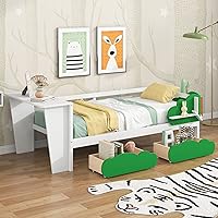 Wooden Twin Size Multifunctional Daybed with Desk, Bed Frame with Green Leaf Shape Drawers Shelves and Built-in Casters No Box Spring Needed for Lounge Bedroom Apartment Lounge, White