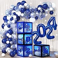 141Pcs Graduation Party Decorations 2024 Balloon Boxes Blue and Sliver Balloon Arch Garland Kit with String Lights for College School So Proud of you Class of 2024 Graduation Party Supplies