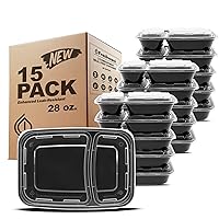 Freshware Meal Prep Containers [15 Pack] 2 Compartment with Lids, Food Storage Containers, Bento Box, BPA Free, Stackable, Microwave/Dishwasher/Freezer Safe (28 oz), Black