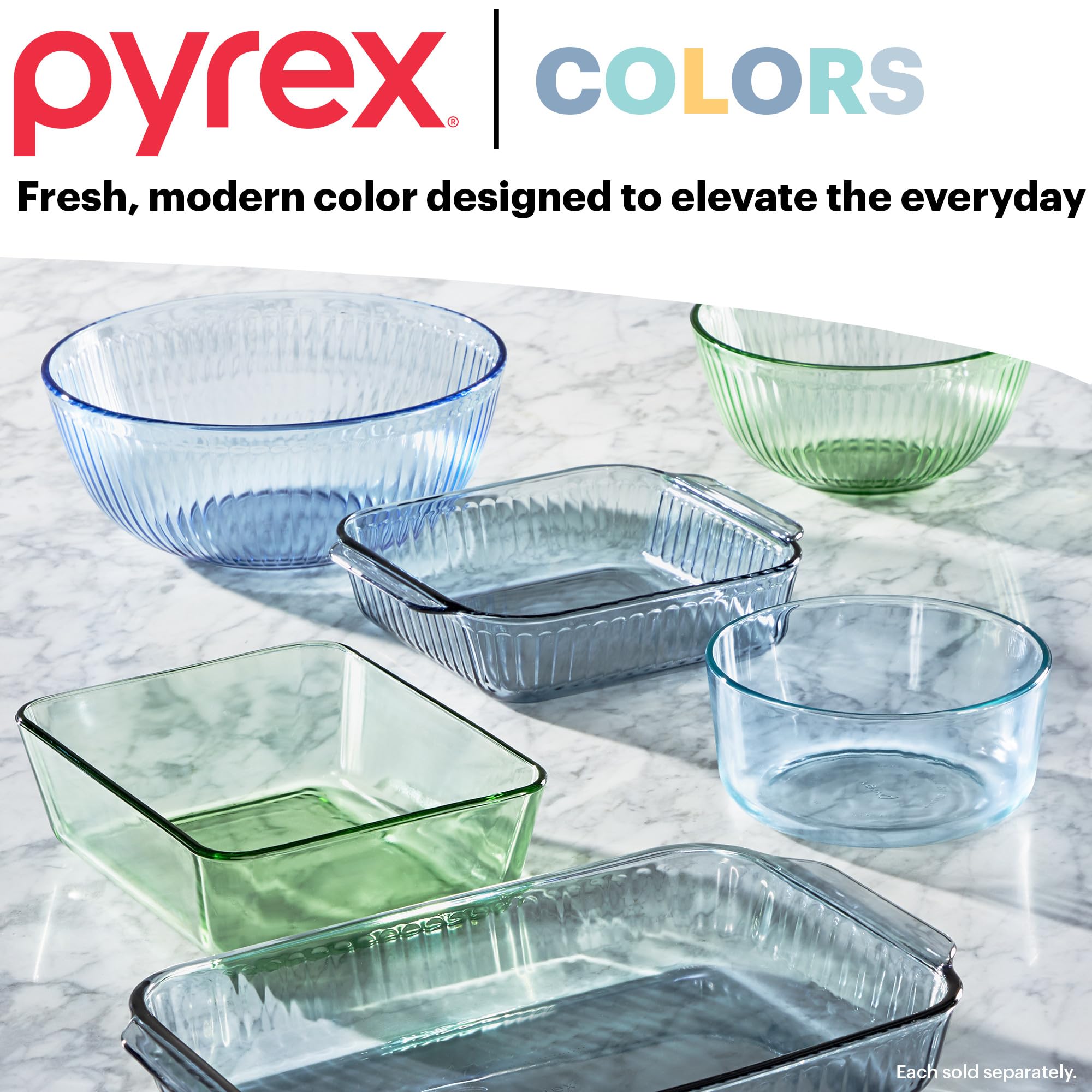 Pyrex Sculpted Tinted 6-PC Full Set, Small/Medium/Large Glass Mixing Bowls With Lids, Nesting Space Saving Set of Bowls For Prepping and Baking, 1.3QT, 2.3QT & 4.5QT