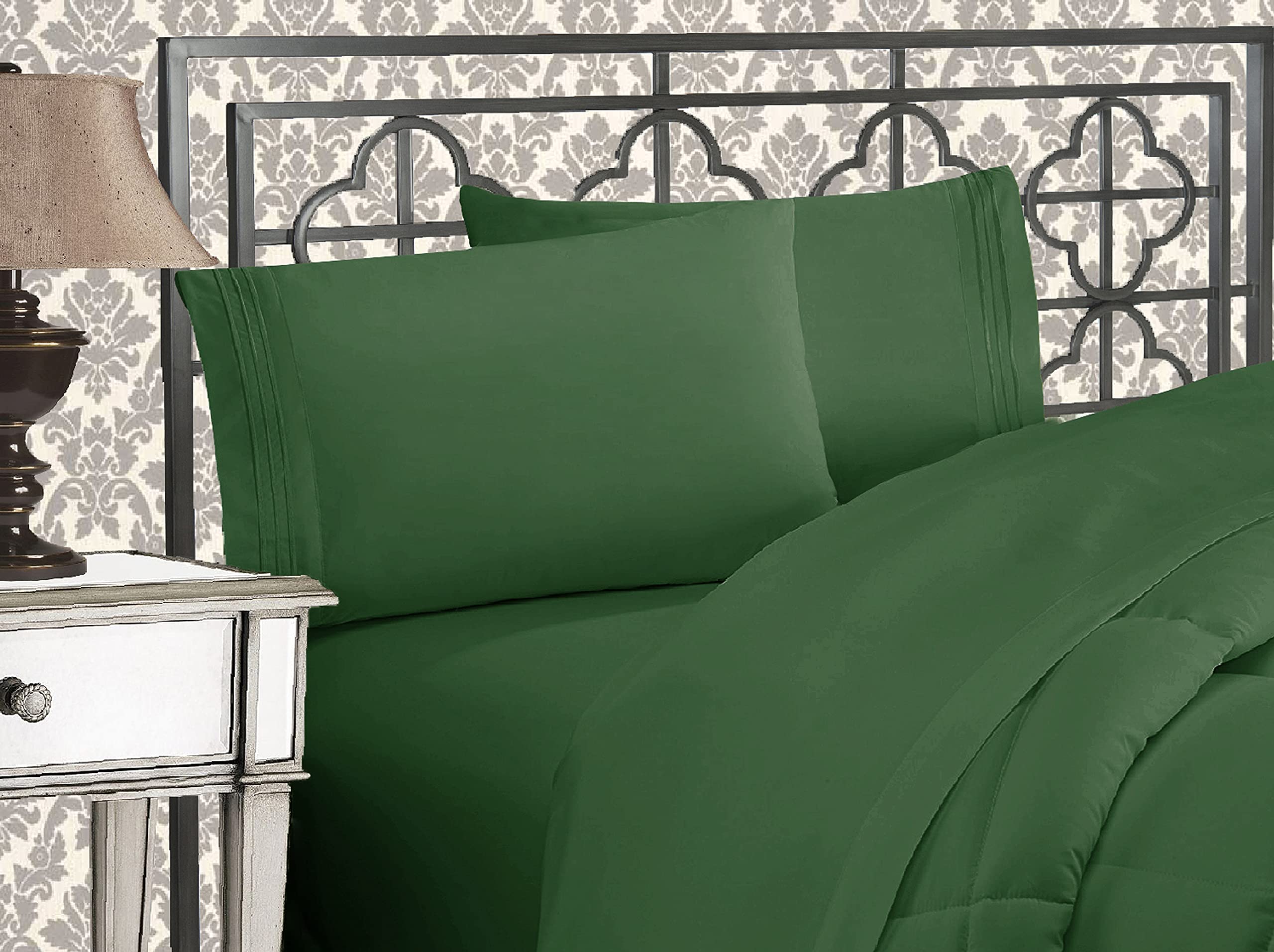 Elegant Comfort Luxurious 1500 Thread Count Egyptian Quality Three Line Embroidered Softest Premium Hotel Quality 4-Piece Bed Sheet Set, Wrinkle and Fade Resistant, Full, Hunter Green