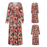 Christmas Maxi Dress for Women High Waist Cocktail Party Dress Xmas Printed Holiday Swing Dress with Belt