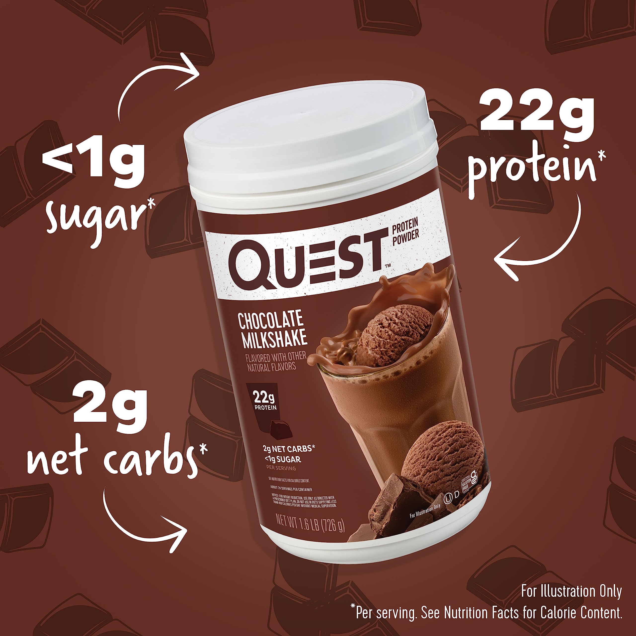 Quest Nutrition Chocolate Milkshake Protein Powder; 22g Protein; 1g Sugar; Low Carb; Gluten Free; 1.6 Pound; 24 Servings