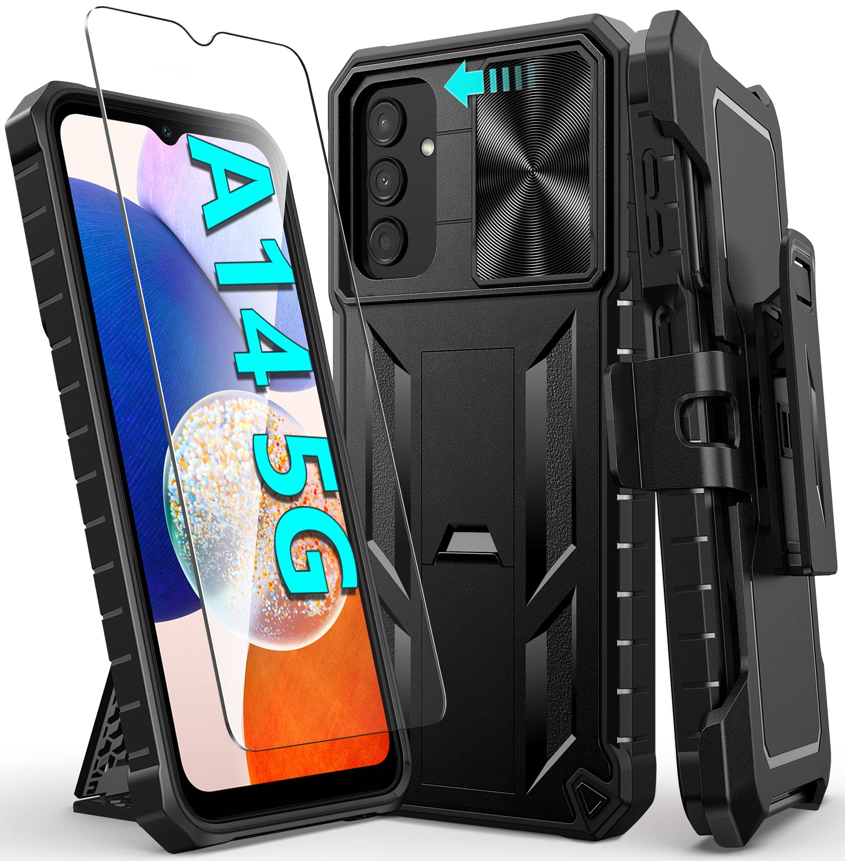 FNTCASE Case for Samsung Galaxy A14-5G: Military Grade Drop Proof Protection Rugged Protective A14 Cell Phone Cover with Belt Clip Holster Kickstand & Slide |Shockproof TPU Matte Textured Tough -Black