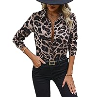 Verdusa Women's Leopard Print Sheer Long Sleeve Collar Button Down Shirt Blouse Top