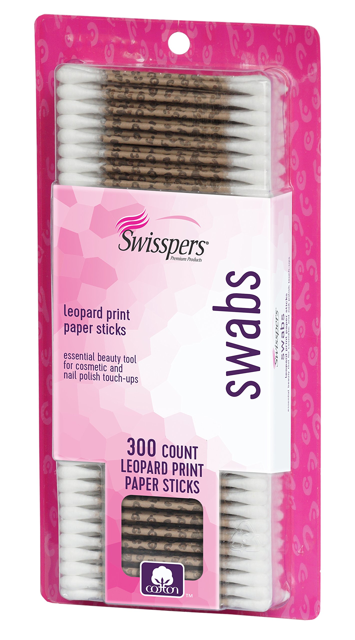 Swisspers Premium Cotton Swabs, 100% Pure Cotton Tips, Leopard Print Paper Sticks, 300 Count Pack