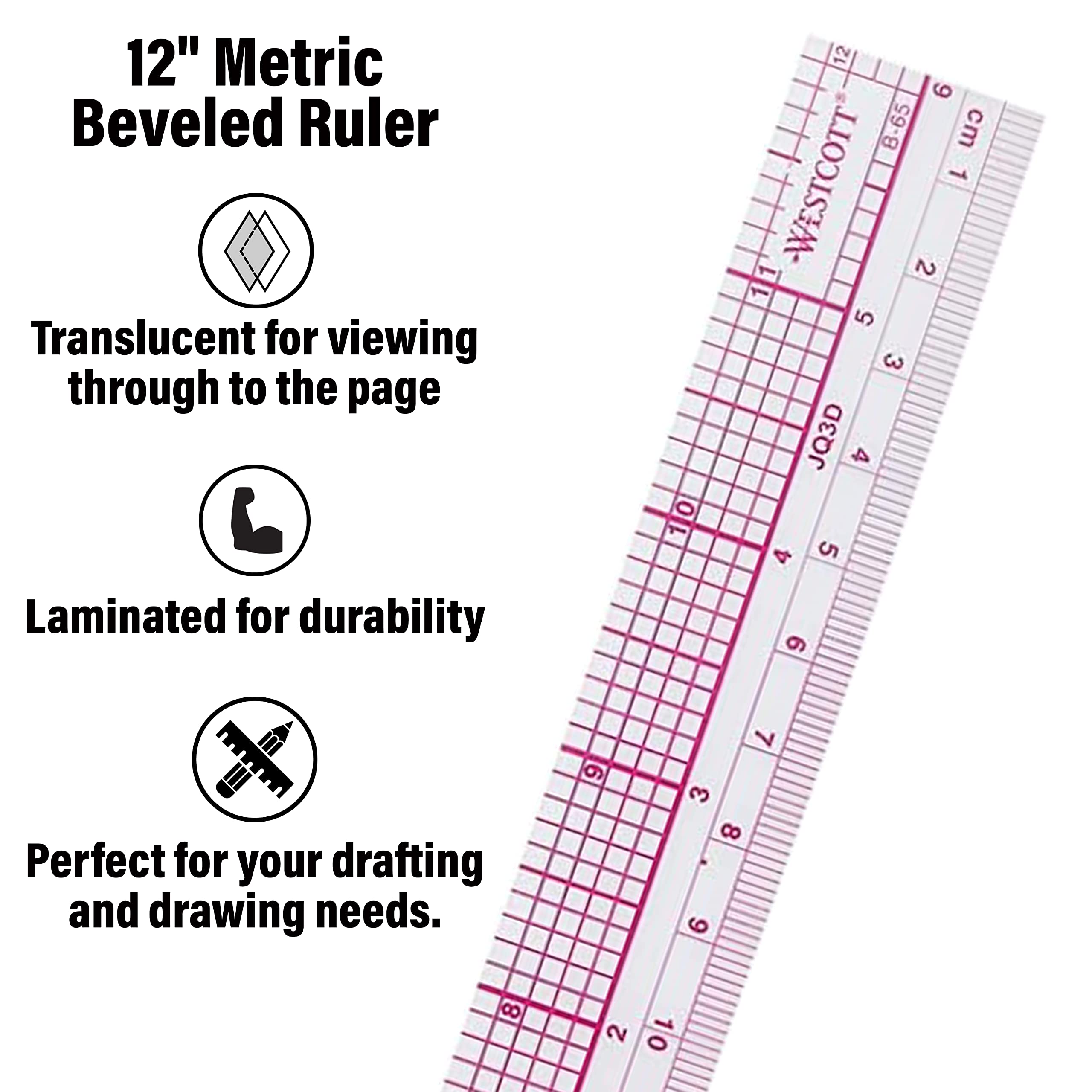 Westcott 10ths/Metric Beveled Ruler, 12-Inch/30cm (B-65), Clear