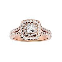 Certified 14K Gold Diamond Ring with 0.4 Ct Center Princess Moissanite & 0.44 Ct Side Round Natural Diamond with White/Yellow/Rose Gold Metal Engagement Ring for Women, Girl (F-VVS1, IJ-SI)